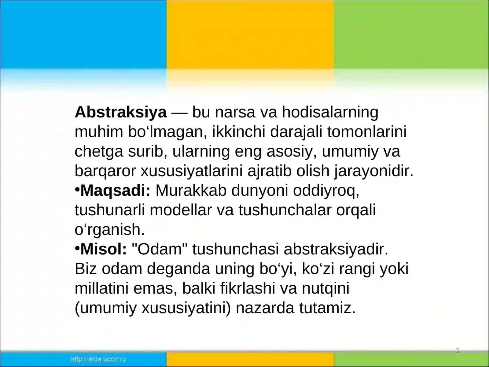 ABSTRAKSIYA VA KONKRETIZATSIYA. INDUKSIYA VA DEDUKSIYA 2