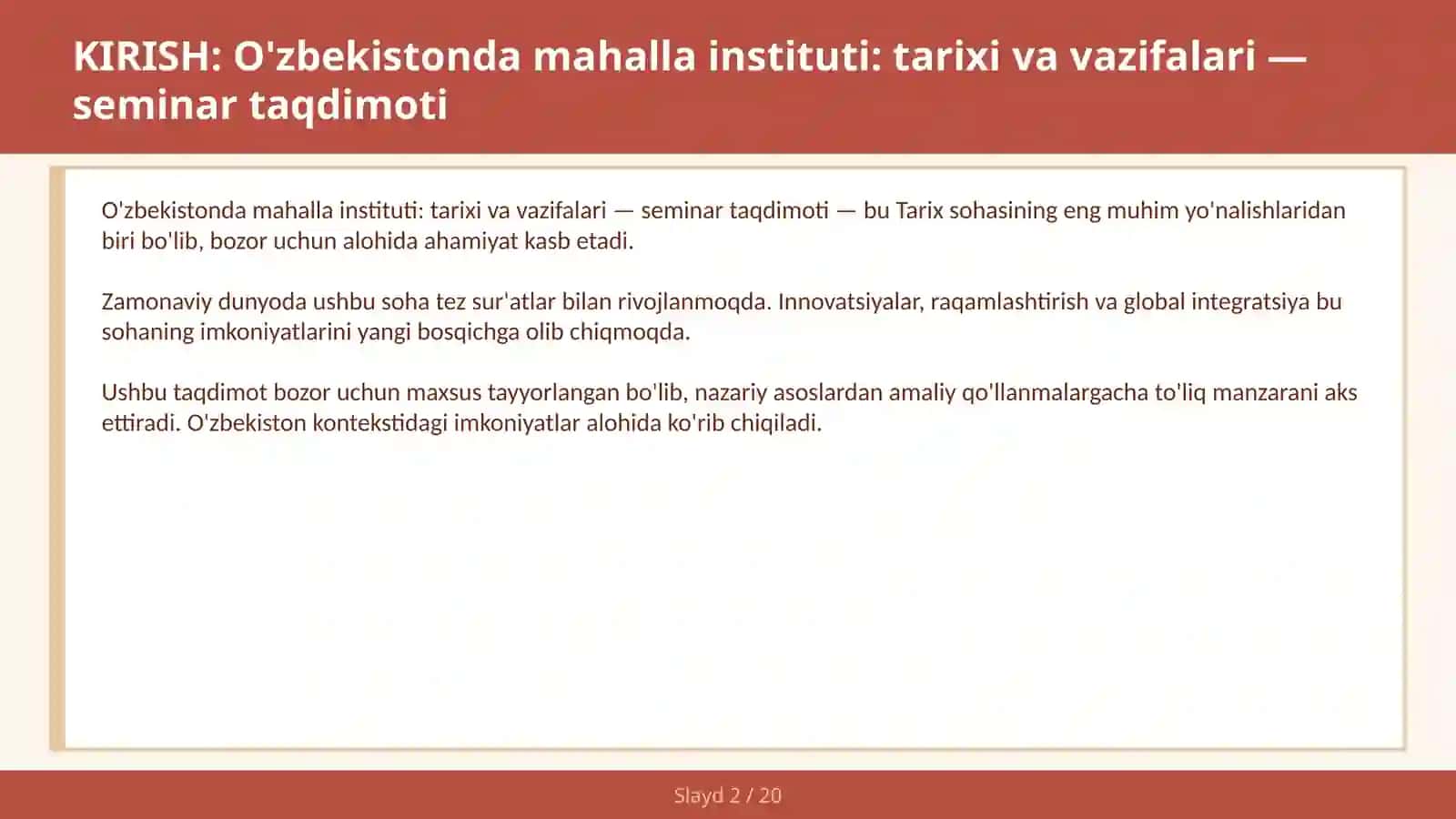 O'zbekistonda mahalla instituti: tarixi va vazifalari — seminar taqdimoti 2