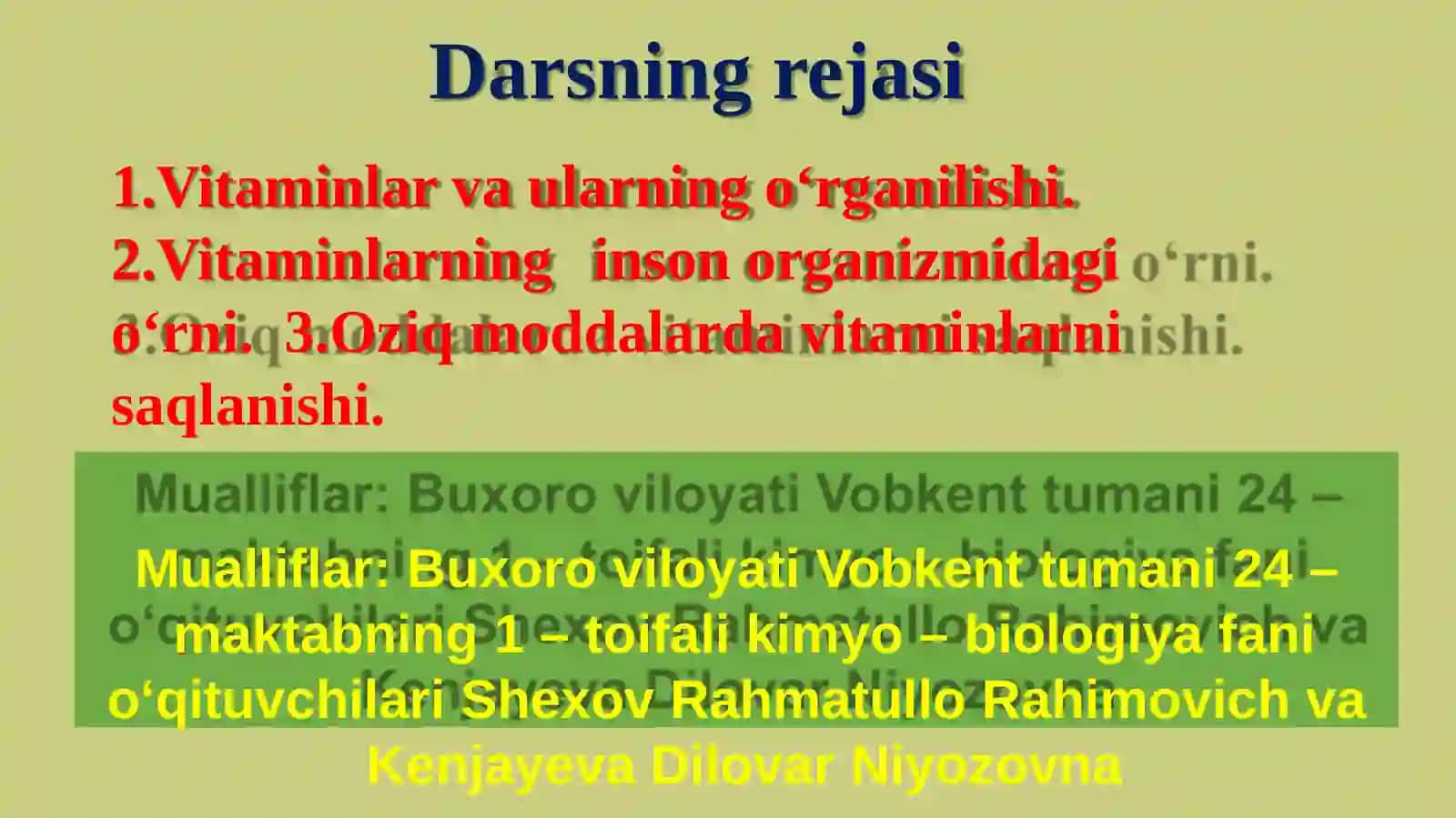 "VITAMINLAR VA ULARNING AHAMIYATI" mavzusida 8-sinf biologiya fanidan dars ishlanma. 2