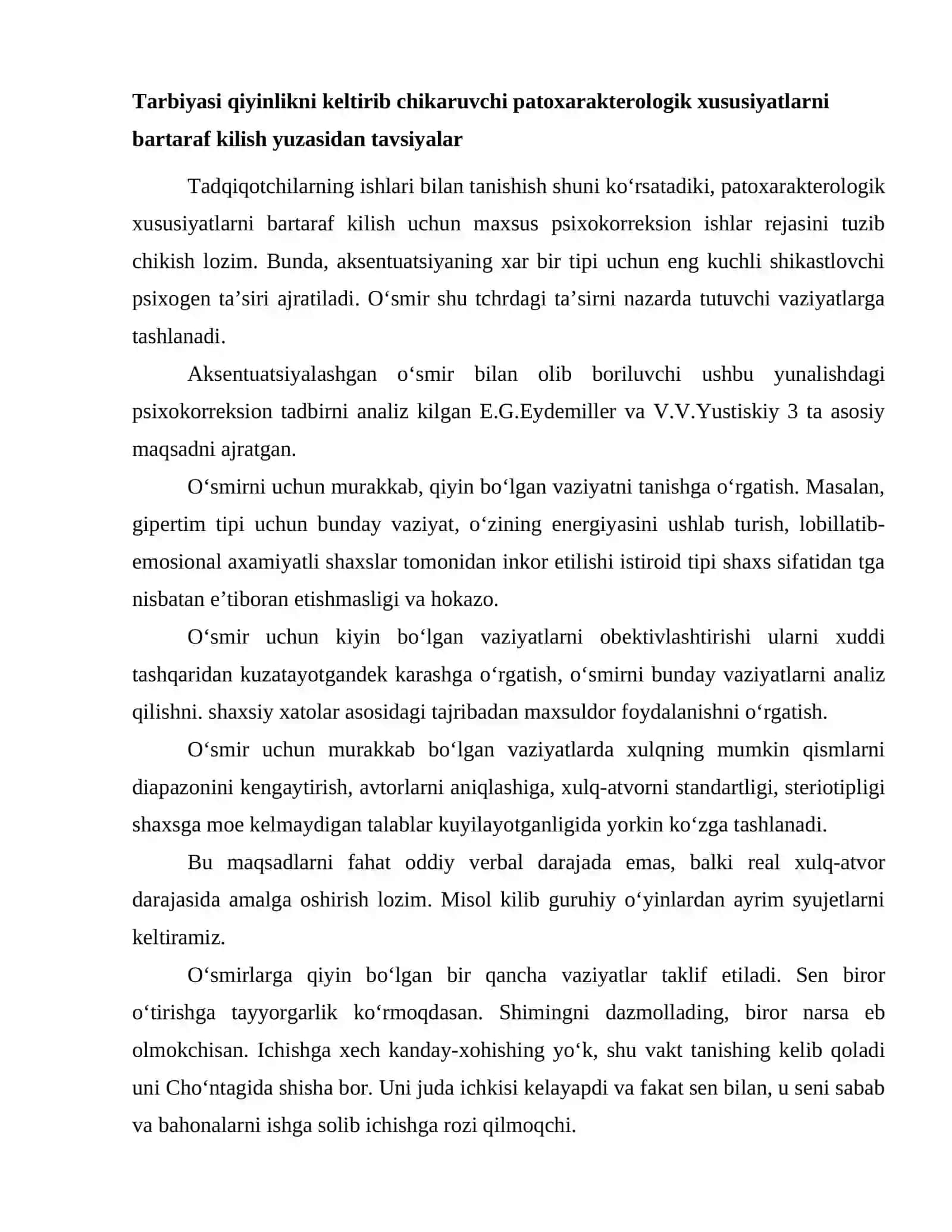Tarbiyasi qiyinlikni keltirib chiqaruvchi patoxarakterologik xususiyatlarni bartaraf qilish yuzasidan tavsiyanomalar 2