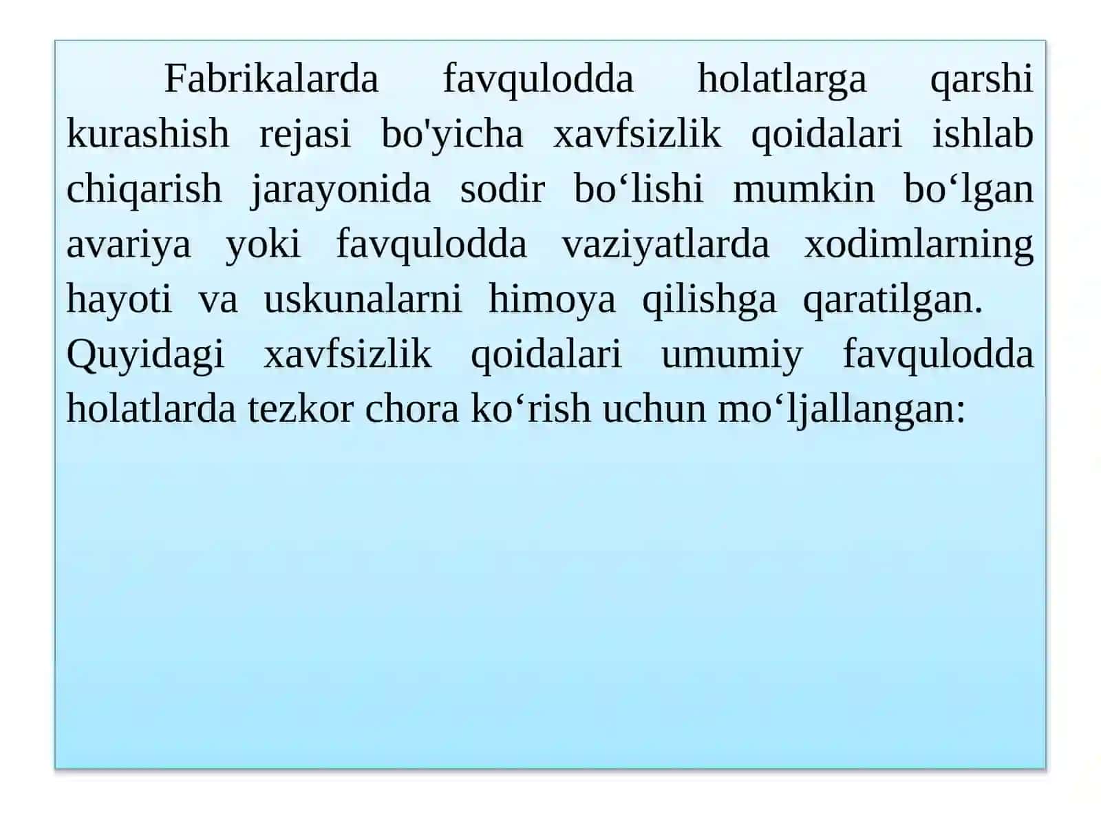 Fabrikalarda favqulotda holatlarga qarshi kurashish rejasi bo;yicha xavfsizlik qoidalari 2