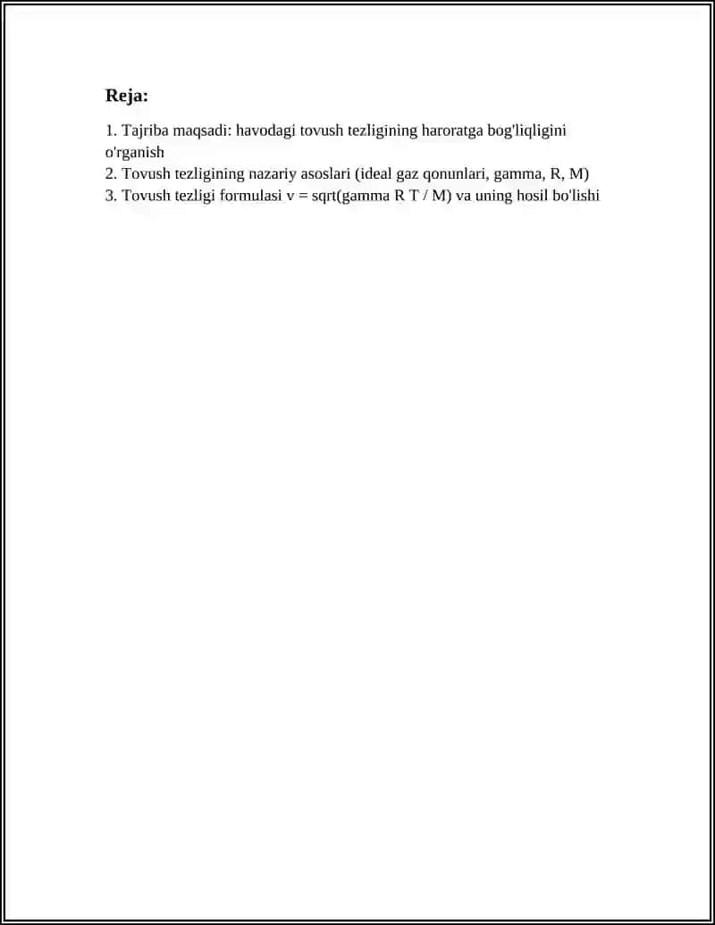 8 LABORATORY A ISHI HAVODAGI TOVUSH TEZLIGINING HARORATGA BOGLIQLIGINI O'RGANISH 2