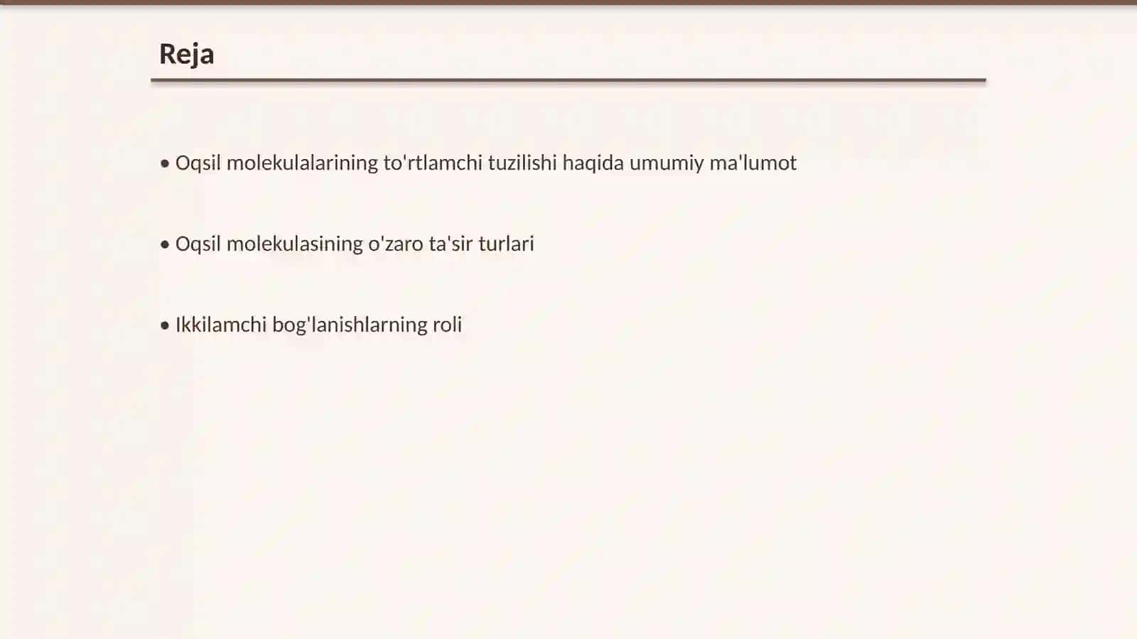 Oqsil molekulasining to'rtlamchi tuzilishini barqarorlashtiruvchi asosiy o'zaro ta'sirlar 2