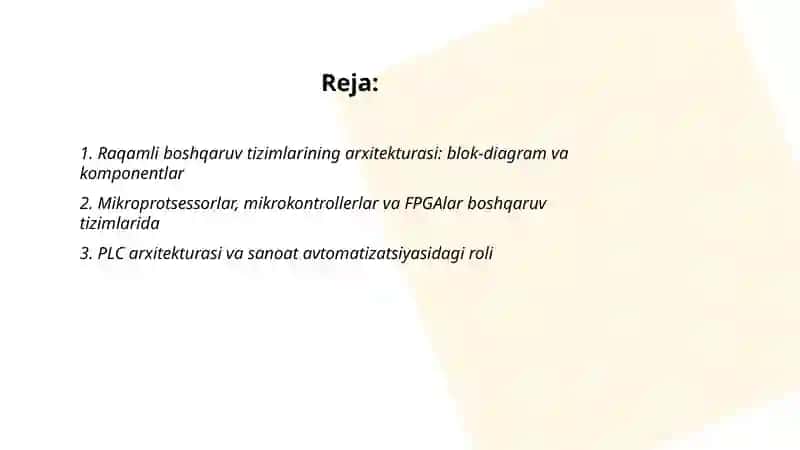 Raqamli boshqaruv tizimlarining arxitekturasi: blok-diagram va komponentlar 2