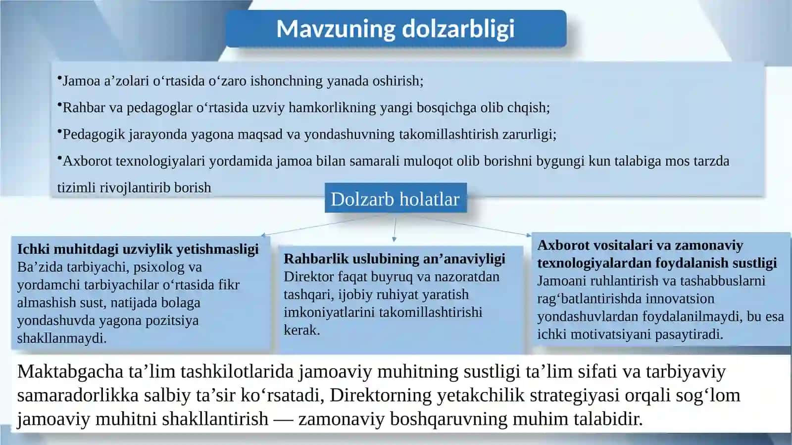Maktabgacha ta‘lim tashkiloti direktor tomonidan ta’lim jarayonida jamoaviy muhitni shakllantirish strategiyalarini ishlab chiqish. 2