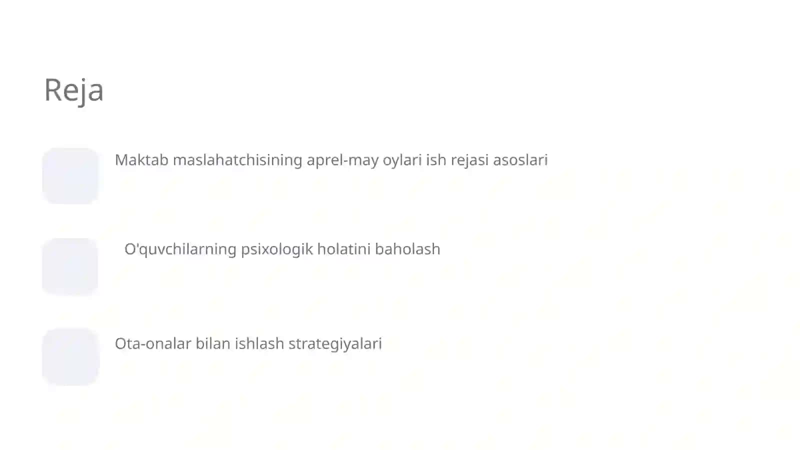 Maktab maslahatchisining aprel-may oylari ish rejasi ijrosi 2