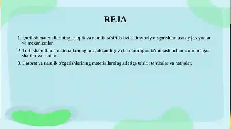 Ishlab chiqarish korxanalarida qurilish materiallariga issiqlik va namlik ishlov berish holati. Har xil sharoit va haroratda material tarkibidagi fizik-kimyoviy o‘zgarishlar 2