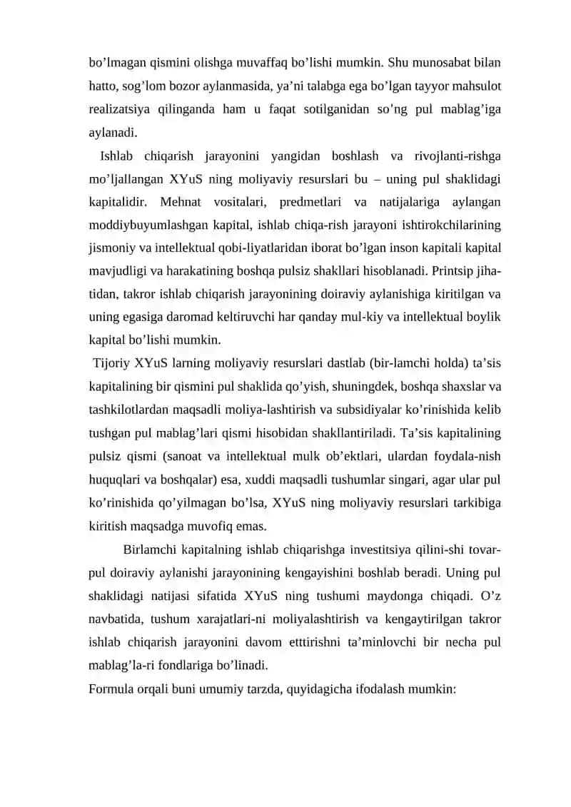 Xo'jalik Yurituvchi Sub’ektlarning Moliyaviy Resurslari Reja 2