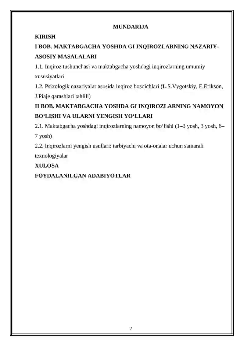 Maktabgacha yoshdagi inqirozlar. Ularning nazariy asoslari, namoyon bo‘lishi va yengish strategiyalari 2