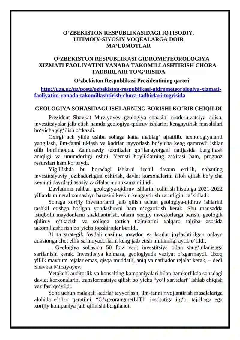 O‘ZBEKISTON RESPUBLIKASIDAGI IQTISODIY, IJTIMOIY-SIYOSIY VOQEALARGA DOIR MA’LUMOTLAR 2