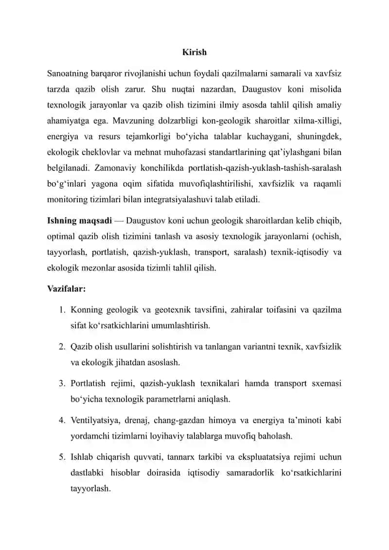 Daugustov konining texnologik jarayonlari va qazib olish tizimi 2