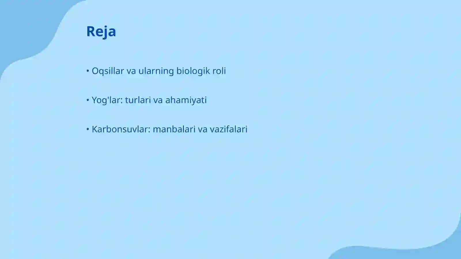 Asosiy ozuqaviy moddalar - oqsillar, yog'lar karbonsuv va mineral moddalarning biologik roli va asosiy manbalari 2