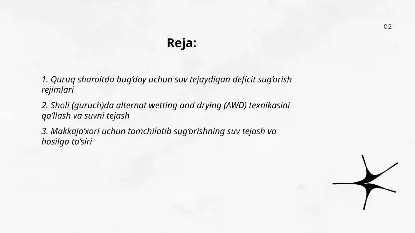 Suv taqchil sharoitda qishloq xojalik ekinlarini sug’orishda suvdan tejamli foydalanish usullari bug’doy sholi makkajoxori va poliz ekinlari misolida 2