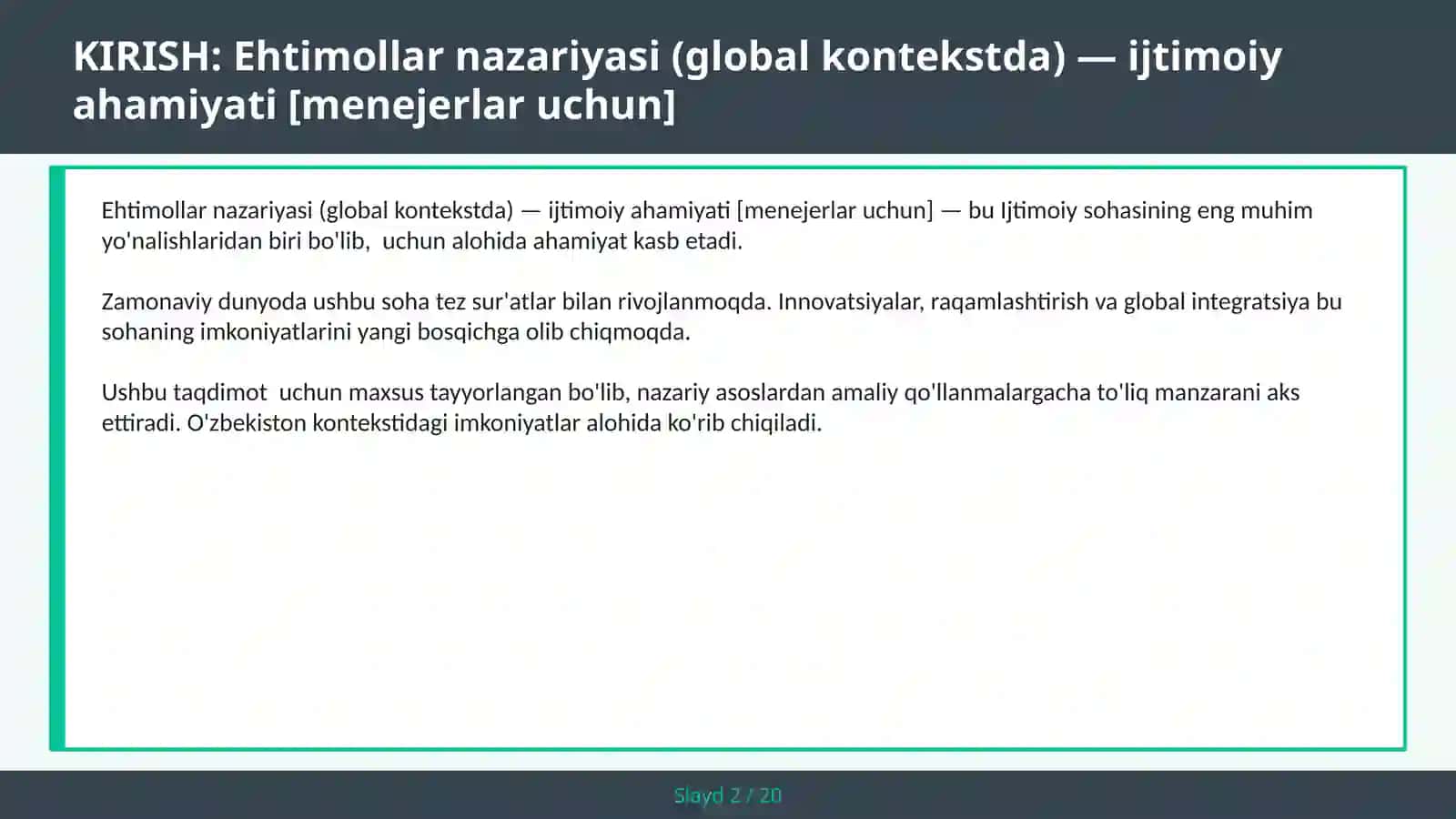 EHTIMOLLAR NAZARIYASI (GLOBAL KONTEKSTDA) — IJTIMOIY AHAMIYATI [MENEJERLAR UCHUN] 2