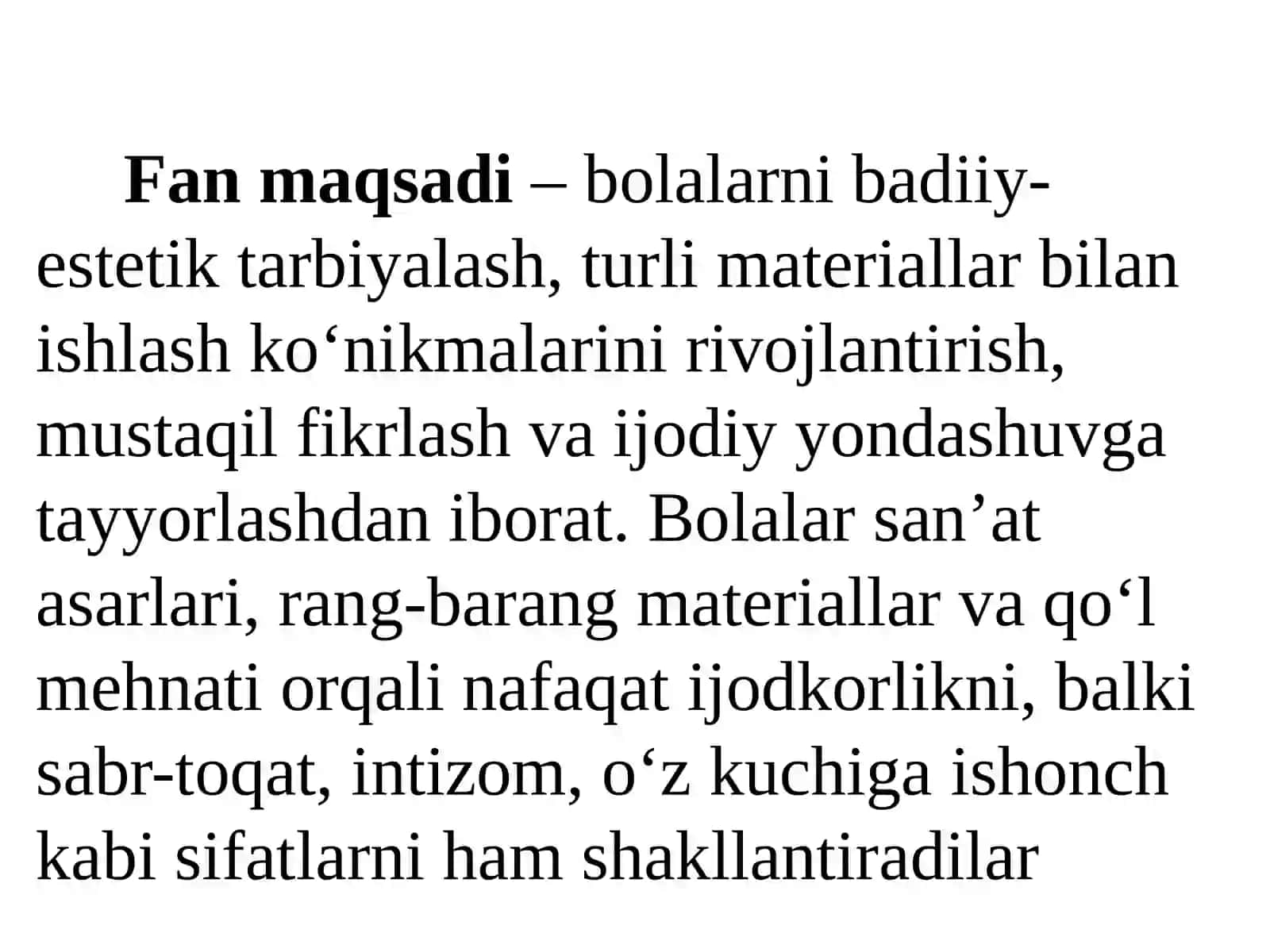 Tasviriy faoliyat va mehnatga o‘rgatish texnologiyasi faniining umumiy masalalari 2