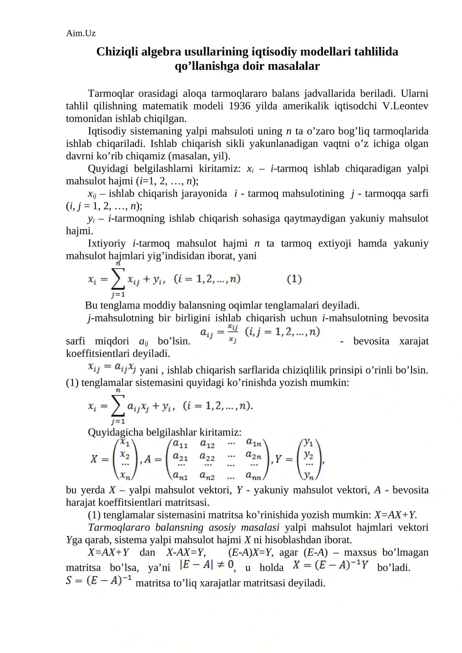 Chiziqli algebra usullarining iqtisodiy modellari 2