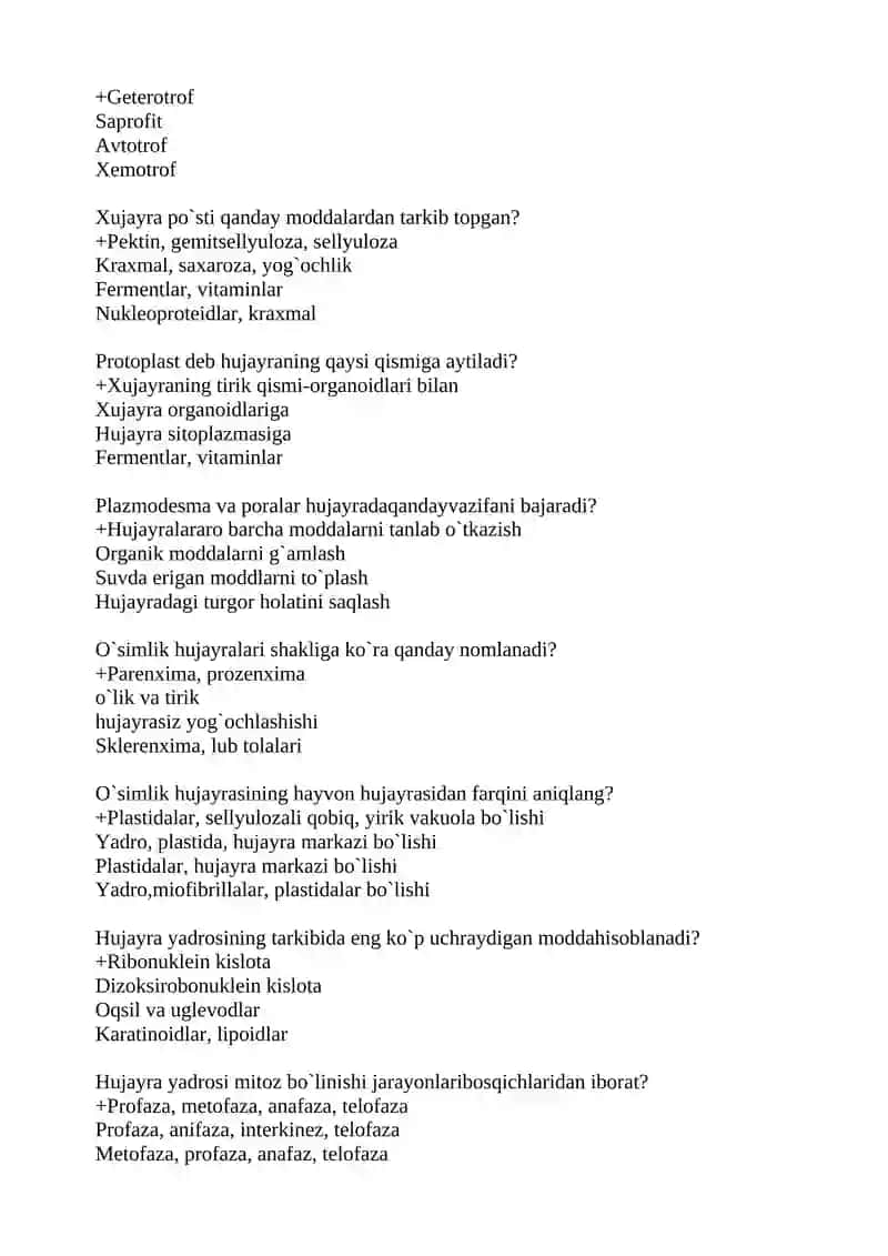 Botanika va o'simliklar fiziologiyasi test 2