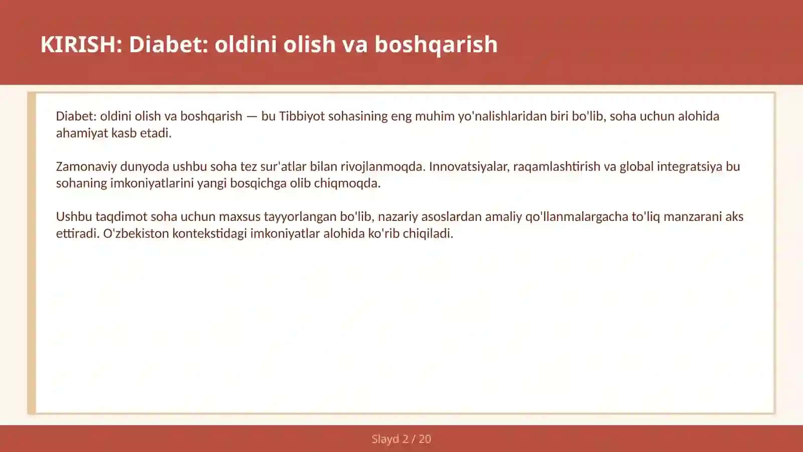 Diabet: oldini olish va boshqarish 2