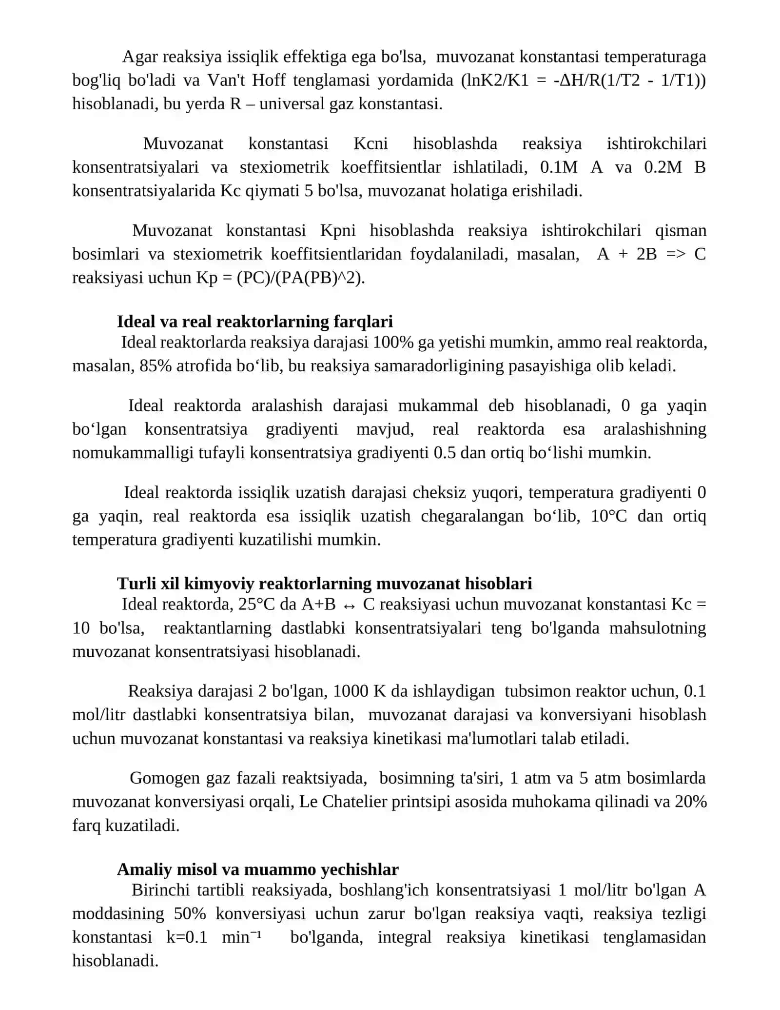 Kimyoviy reaktor xisobi.Kontaktli muvozanat darajasini hisobi 2