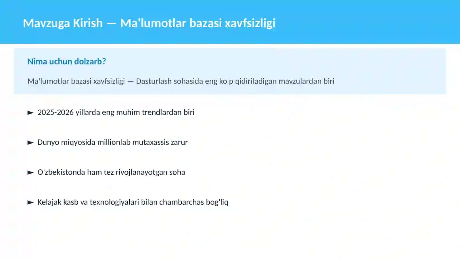 Mavzuga Kirish — Ma'lumotlar bazasi xavfsizligi 2