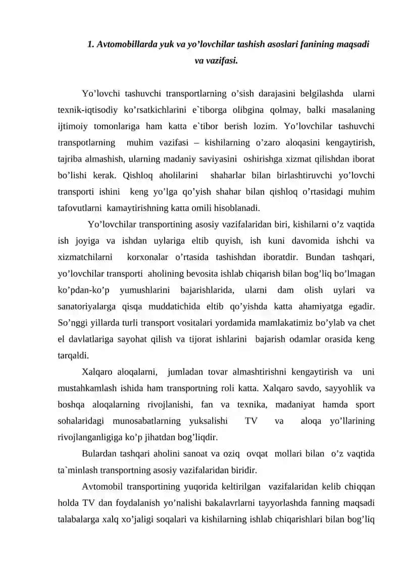 Transport vositalarida yuk va yo’lovchi tashish to’g’risida asosiy tushunchalar va  avtotransport korxonasining  texnik – iqtisodiy ko’rsatkichlari. 2