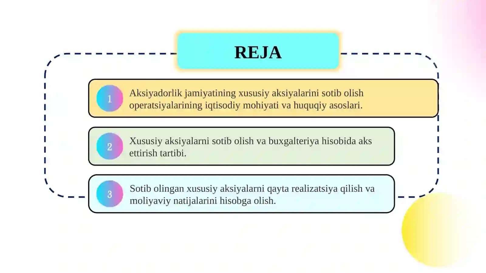 Aksiyadorlik jamiyatining xususiy aksiyalarini sotib olishi va ularni realizatsiya qilish hisobi 2