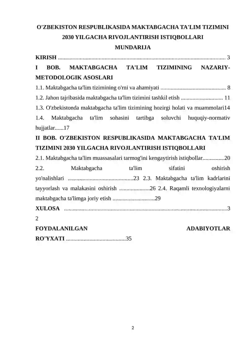 O'ZBEKISTON RESPUBLIKASIDA MAKTABGACHA TA'LIM TIZIMINI 2030 YILGACHA RIVOJLANTIRISH ISTIQBOLLARI 2
