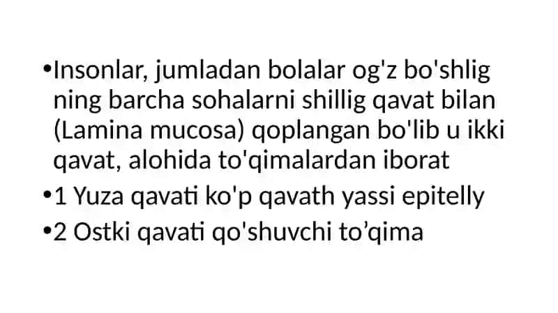 Bolalar yoshida og’iz bo'shlig’i shilliqqavatining shakllanishi va fiziologik xususiyatlari 2