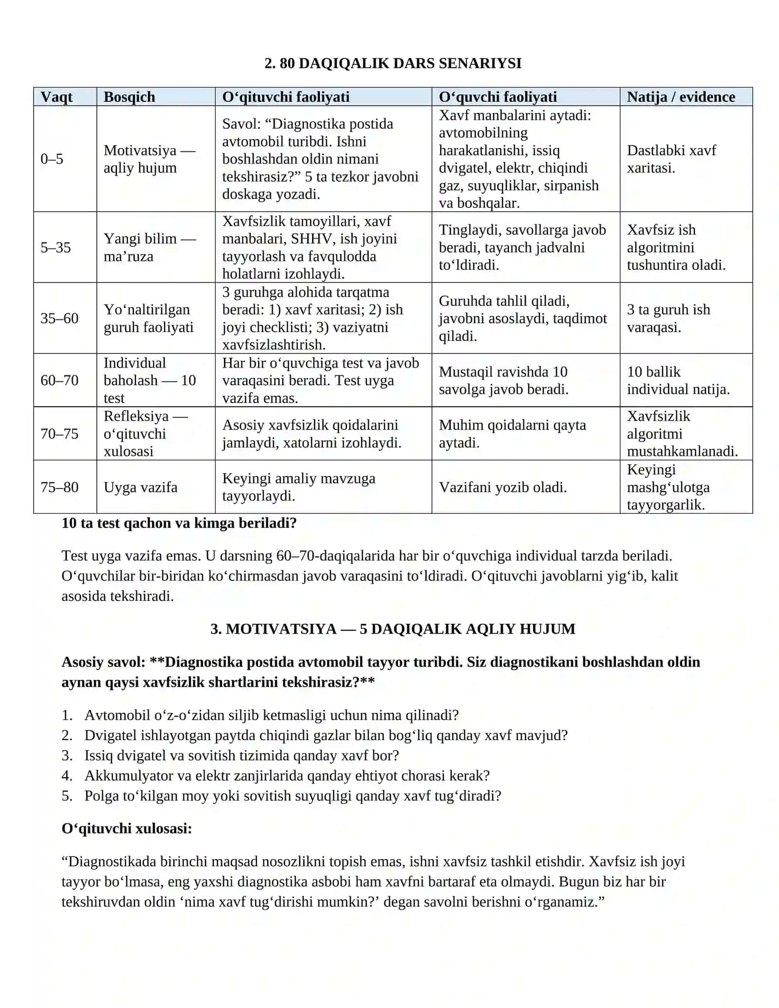 Diagnostika jarayonida texnika xavfsizligi va ish joyini tayyorlash mavzusida dars paketi 2
