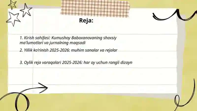 Kumushoy Babaxanovaning kundalik reja jurnali 2025-2026 2