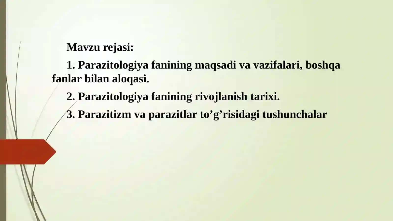Parazitologiya fanining maqsadivavazifalari,boshqafanlarbilanaloqasi. “Umumiyparazitologiya”fani,uningbiologiyafanitizimidatutgano’rnivaboshqafanlarbilano’zarobog’liqligi,maqsadvavazifalari.Parazitizmvaparazitlarto’g’risidagitushunchalar 2