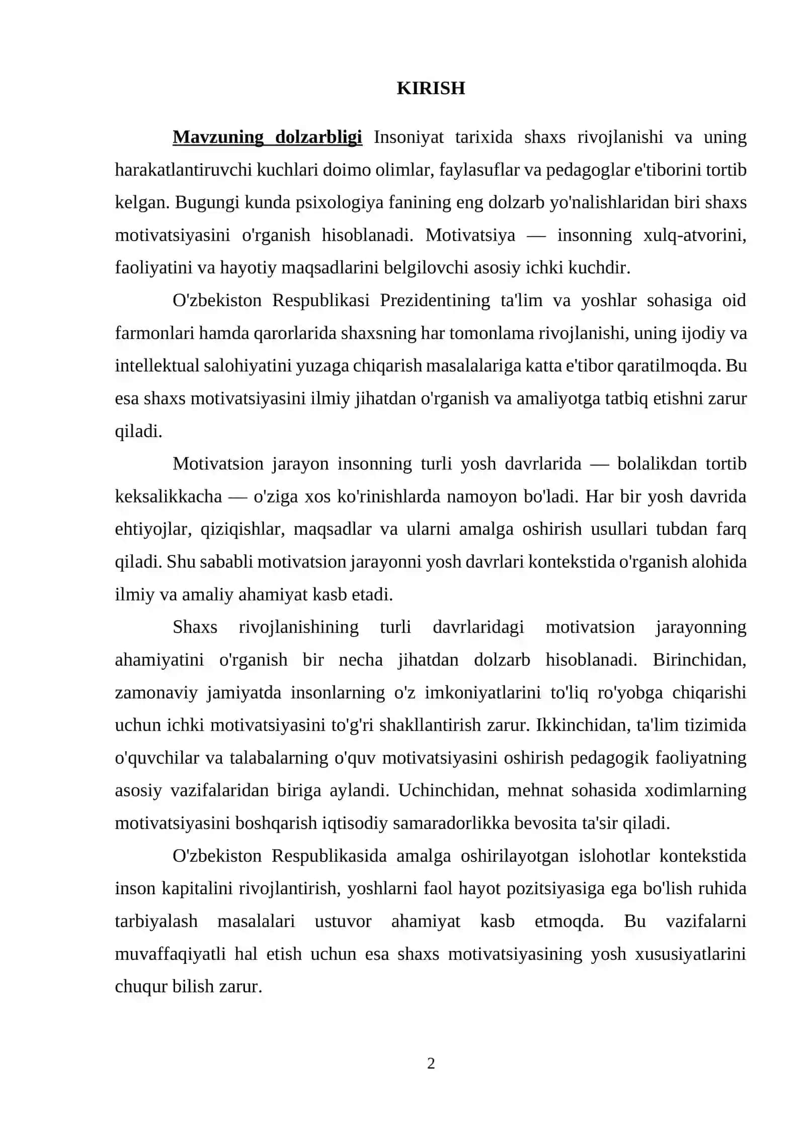 Shaxs rivojlanishining turli davrlaridagi motivatsion jarayonning ahamiyati mavzusidagi kurs ishi 2