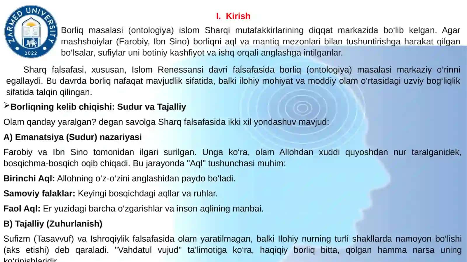 Farobiy va Ibn Sinoning ontologik qarashlarini sufizm ontologiyasi bilan qiyosiy taxlil etish 2