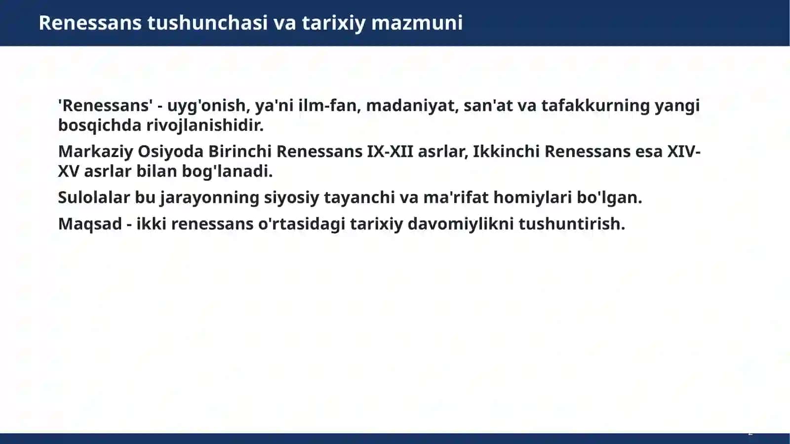 Tohiriylar, Safforiylar, Somoniylar, Temuriylar va Boburiylar Mashg'ulotturi: ma'ruza 2