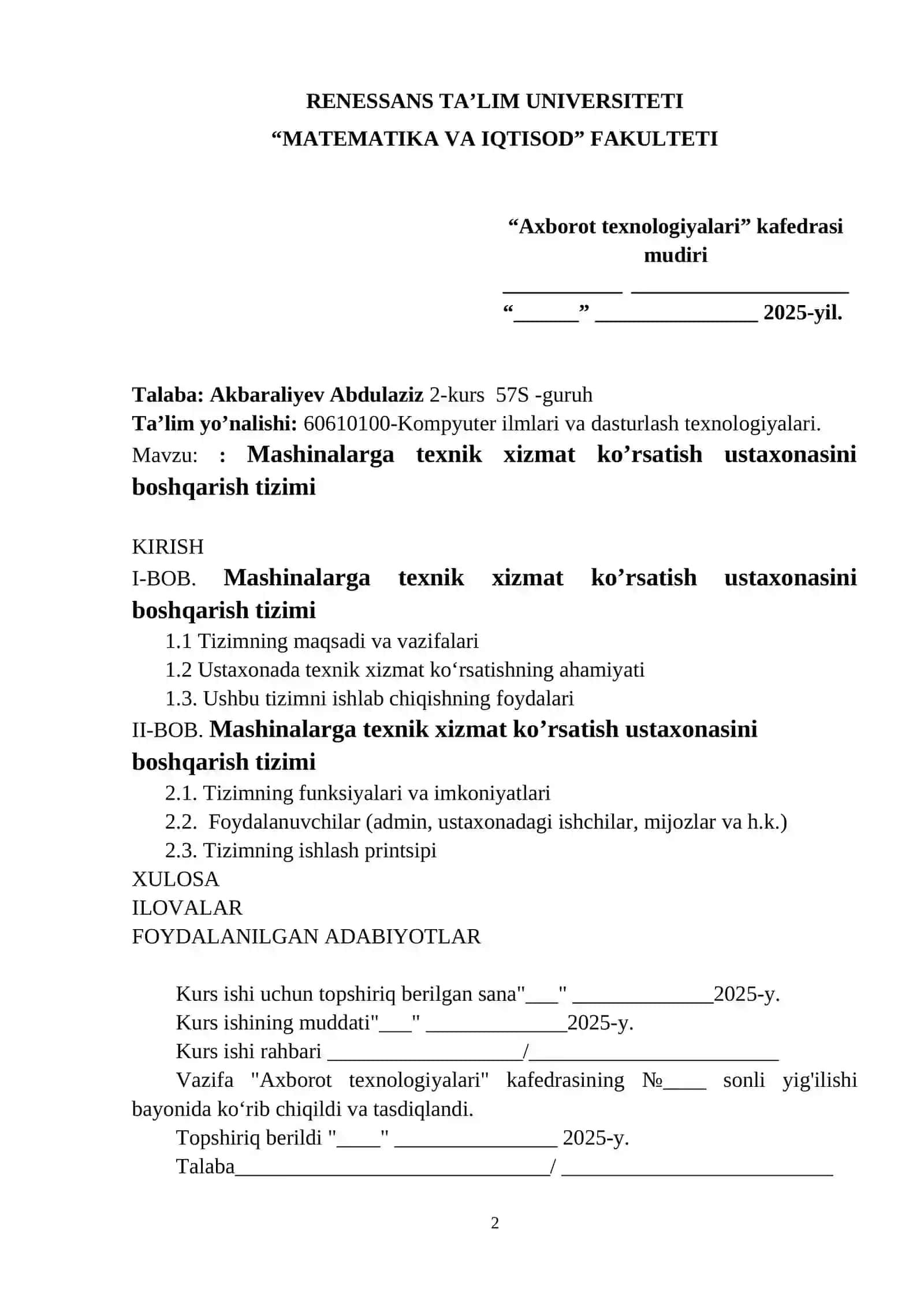 Mashinalarga texnik xizmat ko’rsatish ustaxonasini boshqarish tizimi 2