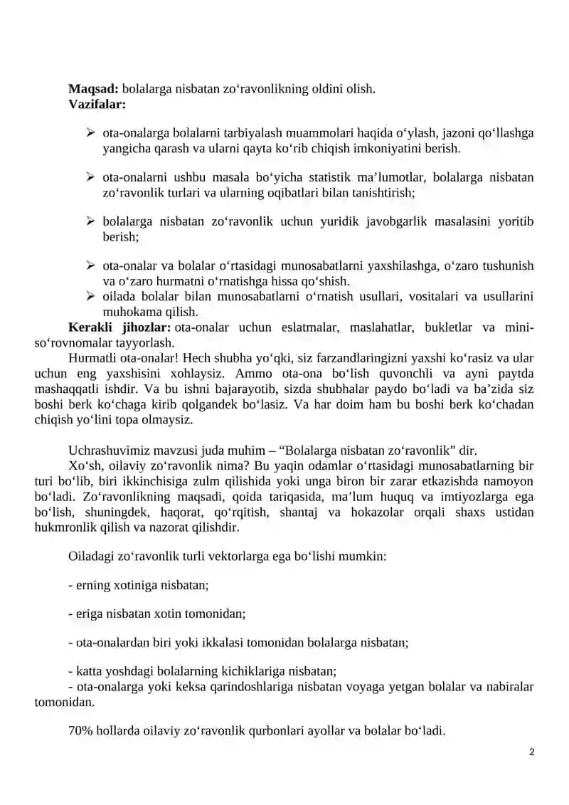 “Oilada va o‘quvchilar jamoalarida zo‘ravonlikning oldini olish” mavzusida 9-11 sinf o‘quvchilarining ota-onalar yig’ilishi ishlanmasi 2