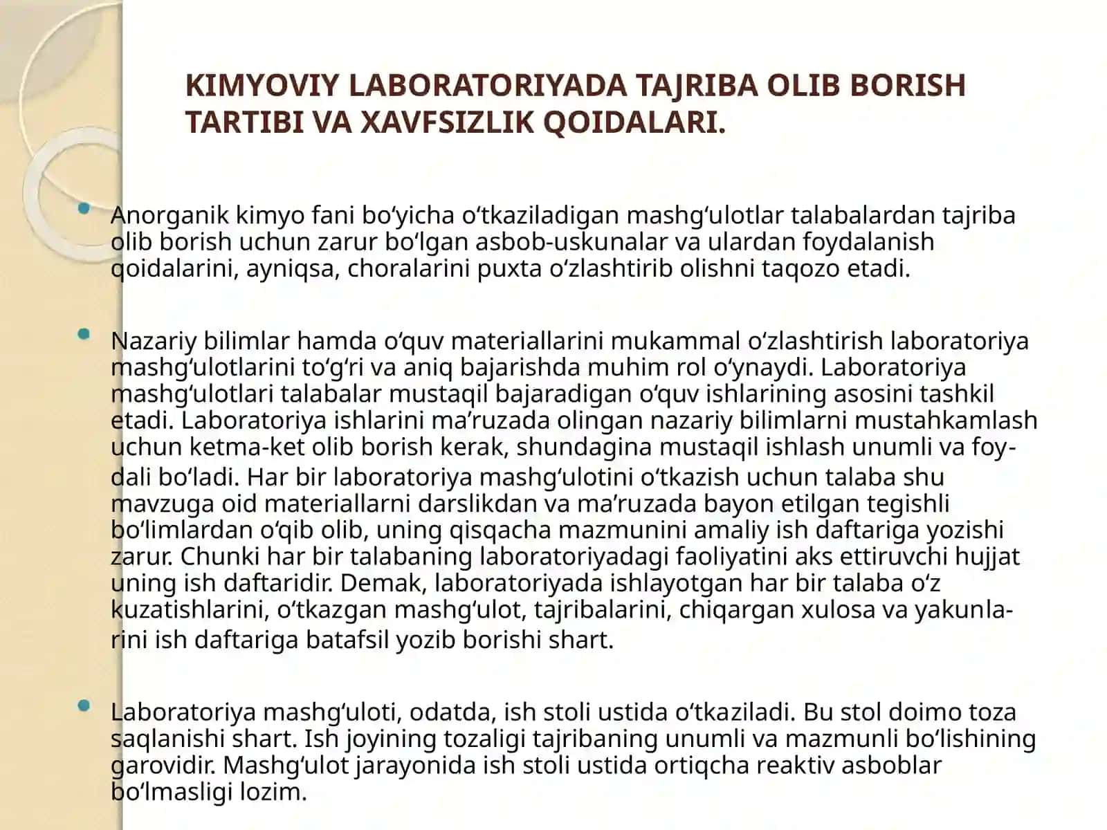 KIMYOVIY LABORATORIYADA TAJRIBA OLIB BORISHTARTIBI VA XAVFSIZLIK QOIDALARI 2