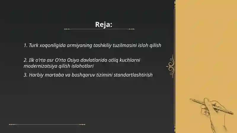 Turk xoqonligi va ilk oʻrta asrlar davridagi Oʻrta Osiyo davlatlarining harbiy ishlarida oʻtkazilgan islohotlar 2