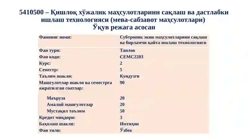 Субтропик экин маҳсулотларини сақлаш ва бирламчи қайта ишлаш технологияси 2