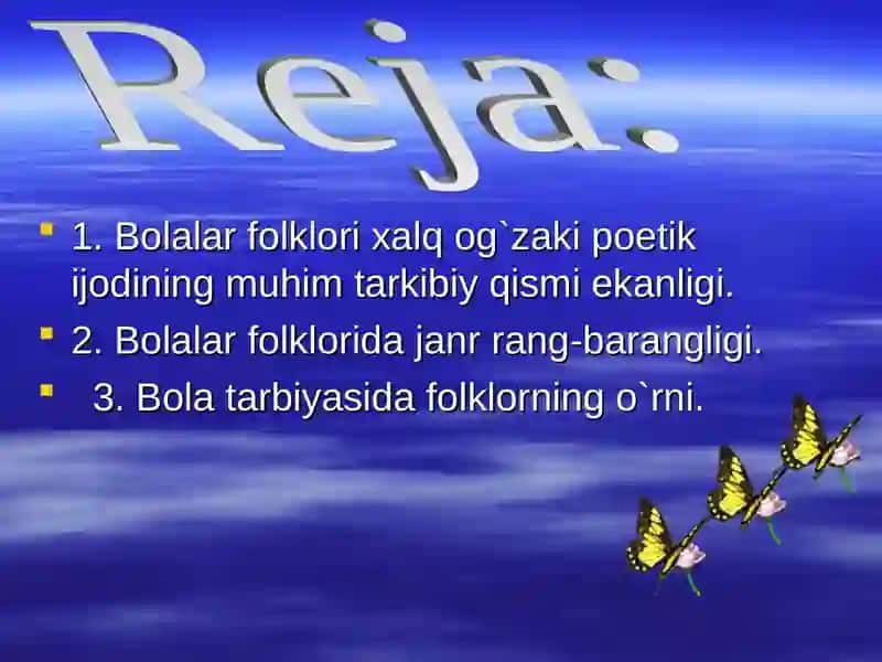 Bolalar adabiyoti va bolalar falklorining mumtoz adabiyot namunalari bilan bog'liqligini misollar dalillovchi taqdimot 2