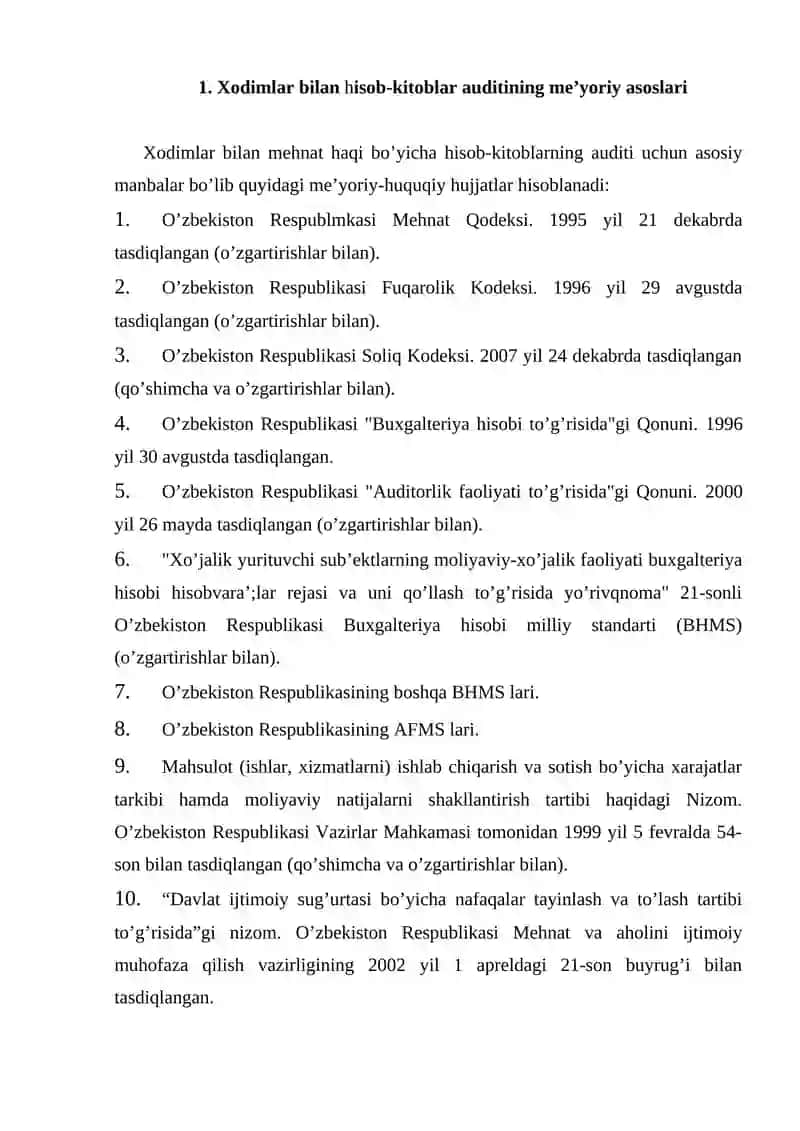 Xodimlar bilan hisob-kitoblar auditining me’yoriy asoslari 2