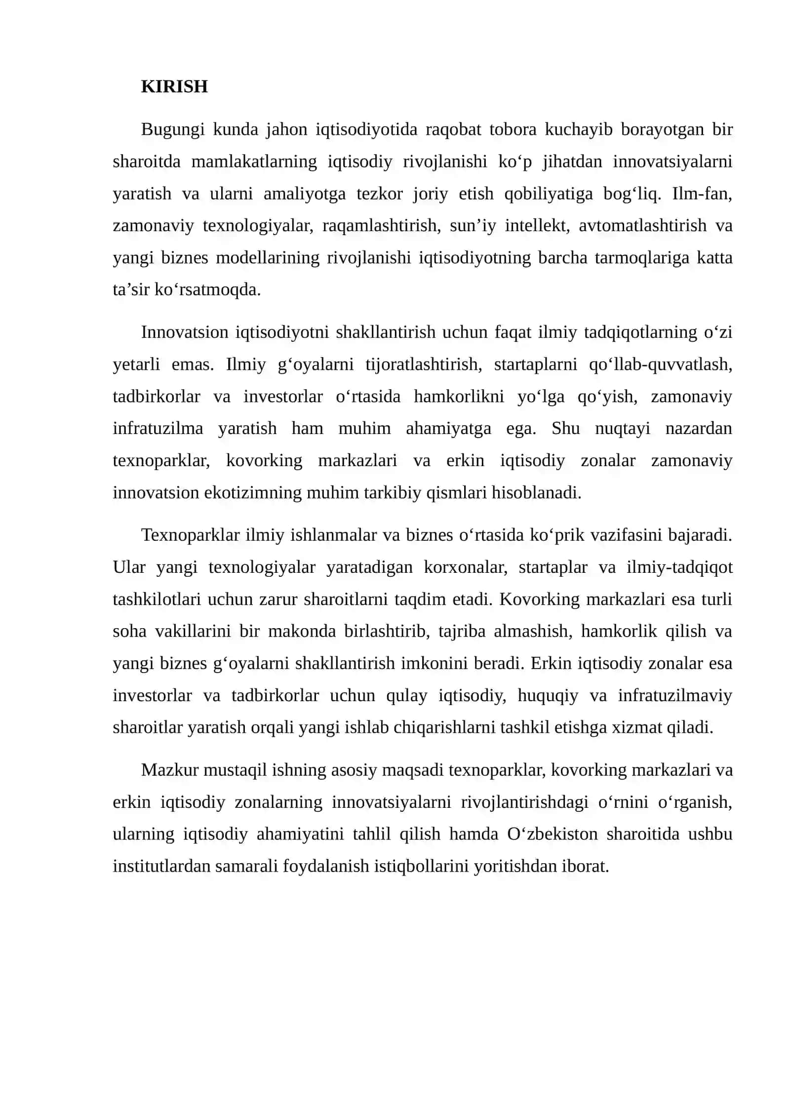 TEXNOPARKLAR, KOVORKING MARKAZLARI VA ERKIN IQTISODIY ZONALAR INNOVATSIYALAR DRAYVERI SIFATIDA 2