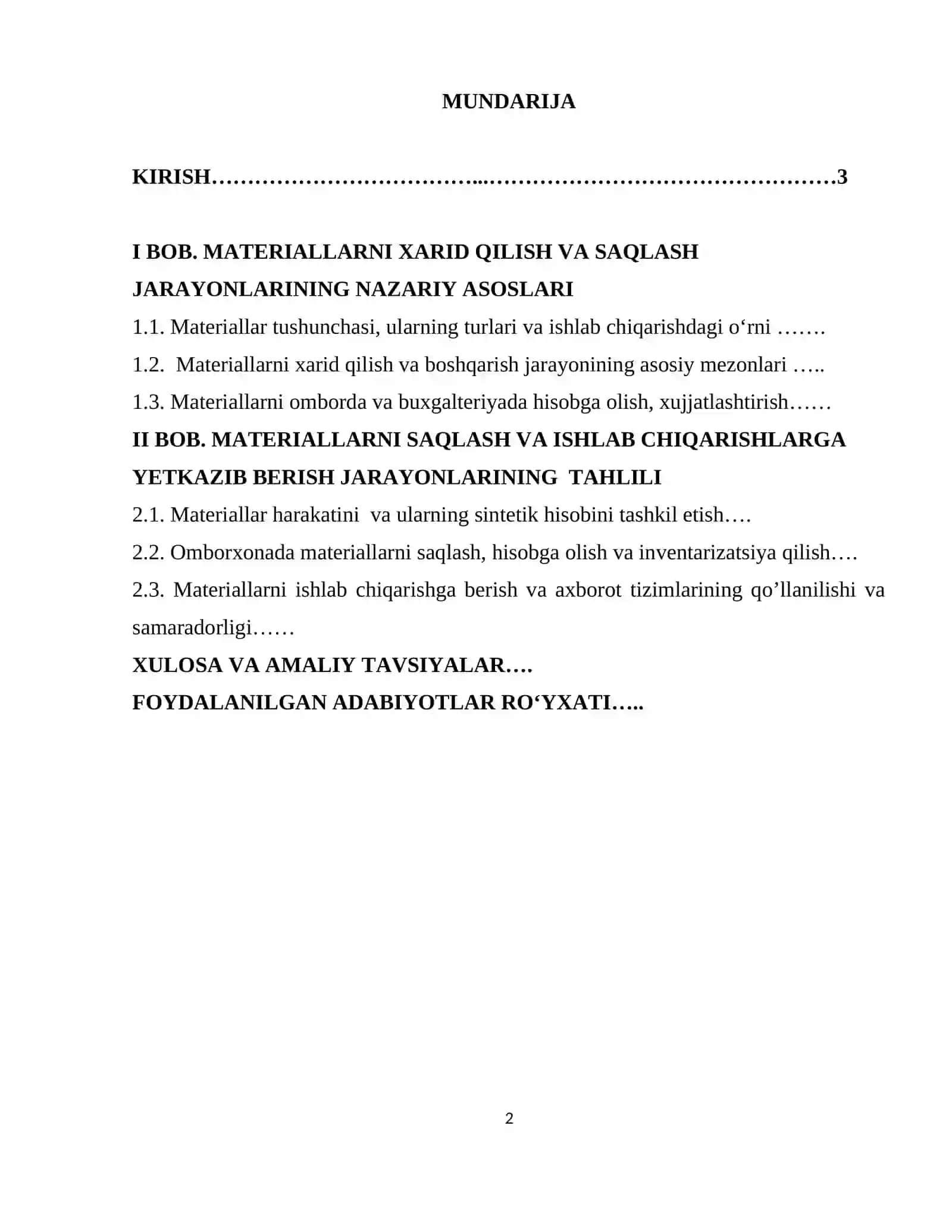 MATERIALLARNI XARID QILISH, SAQLASH VA ISHLAB CHIQARISHGA BERISH 2