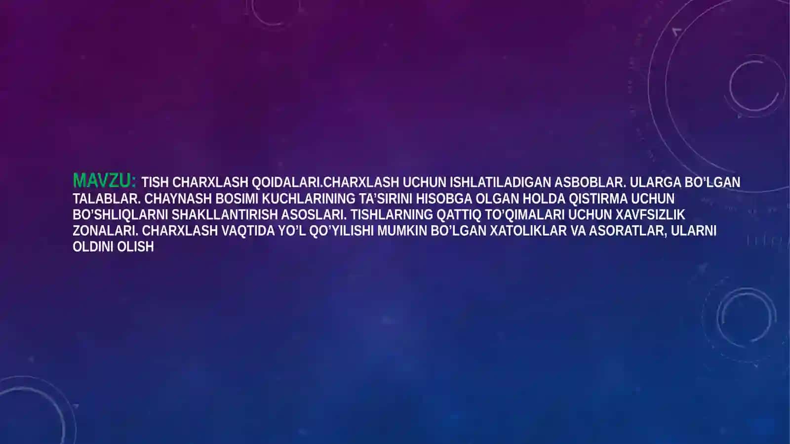 Tish charxlash qoidalari. Charxlash uchun ishlatiladigan asboblar. Ularga bo’lgan talablar. Chaynash bosimik kuchlarining ta’sirini hisobga olgan holda qistirmauchun bo’shliqlarnishakllantirish asoslari. Tishlarning qattiq to’qimalari uchun xavfsizlik zonalari. Charxlash vaqtidayo’l qo’yilishimumkin bo’lgan xatoliklar va asoratlar, ularni oldini olish 2