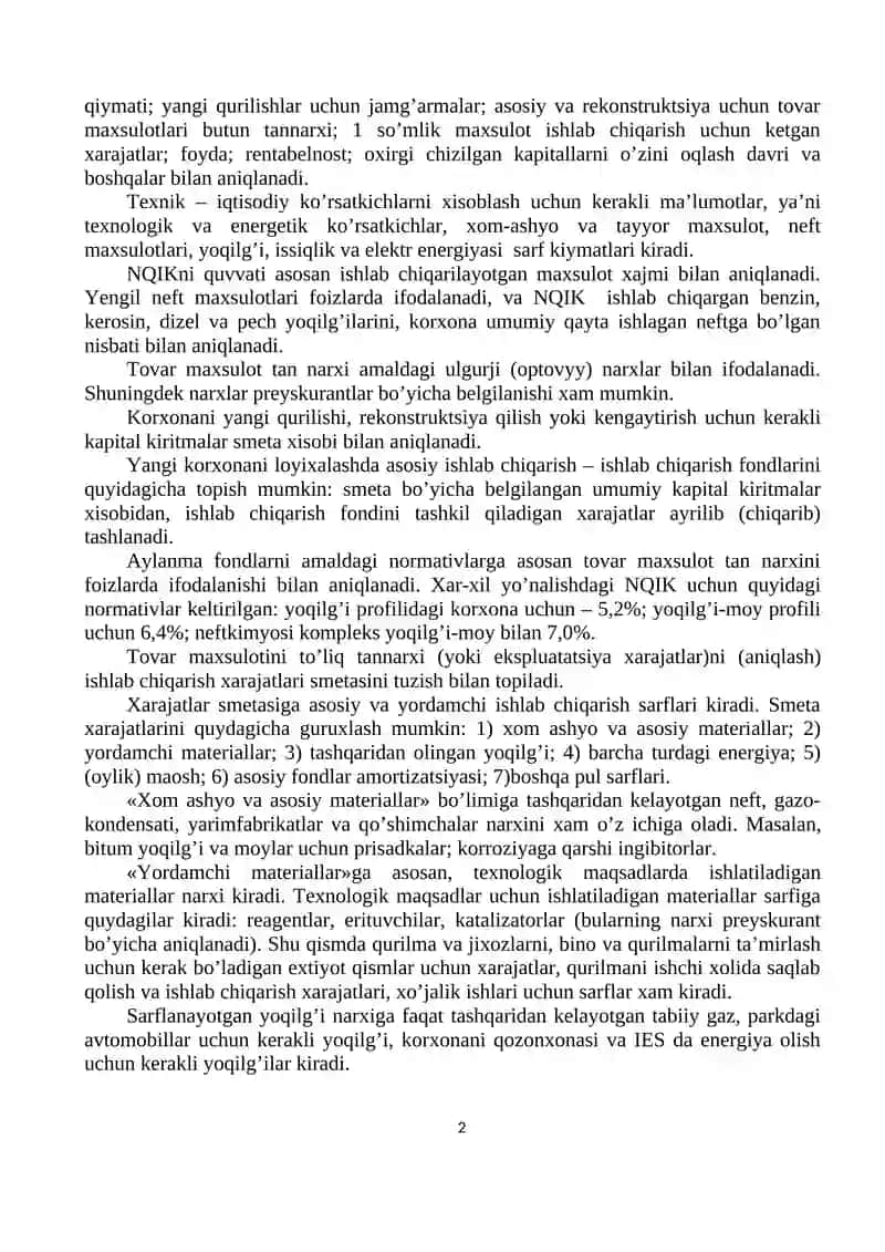 Neft va gazni qayta ishlash korxonalarini (NQIK) va neft kimyosi korxonalari (NKK) texnik-iqtisodiy asoslash ko‘rsatkichlari 2