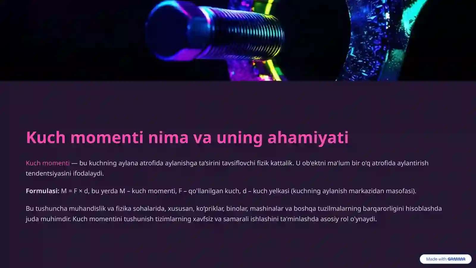 Kuch momenti, kuch yelkasi va suyuqliklar mexanikasi 2