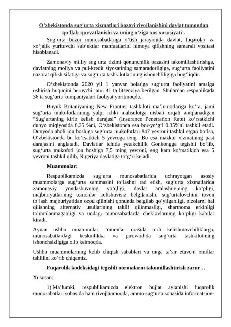 O’zbekistonda sug’urta xizmatlari bozori rivojlanishini davlat tomondan qo’llab-quvvatlanishi va uning o’ziga xos xususiyati’ 2