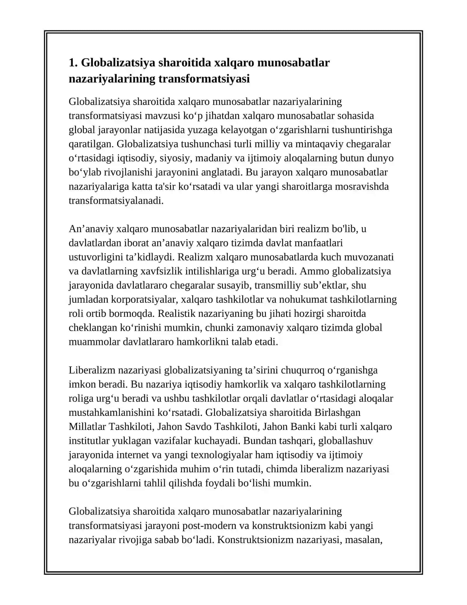 GLOBALIZATSIYA SHAROITIDA XALQARO MUNOSABATLAR KONSEPSIYALARINING TRANSFORMATSIYASI 2