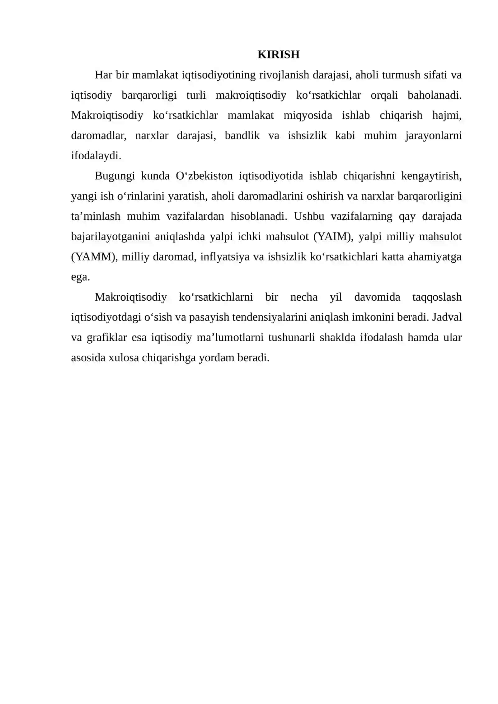 MAKROIQTISODIY KO‘RSATKICHLAR (YAIM, YAMM, MILLIY DAROMAD, INFLYATSIYA, ISHSIZLIK) DINAMIKASINI JADVAL VA GRAFIKLAR ASOSIDA TAHLIL QILISH (O‘ZBEKISTON MISOLIDA) 2