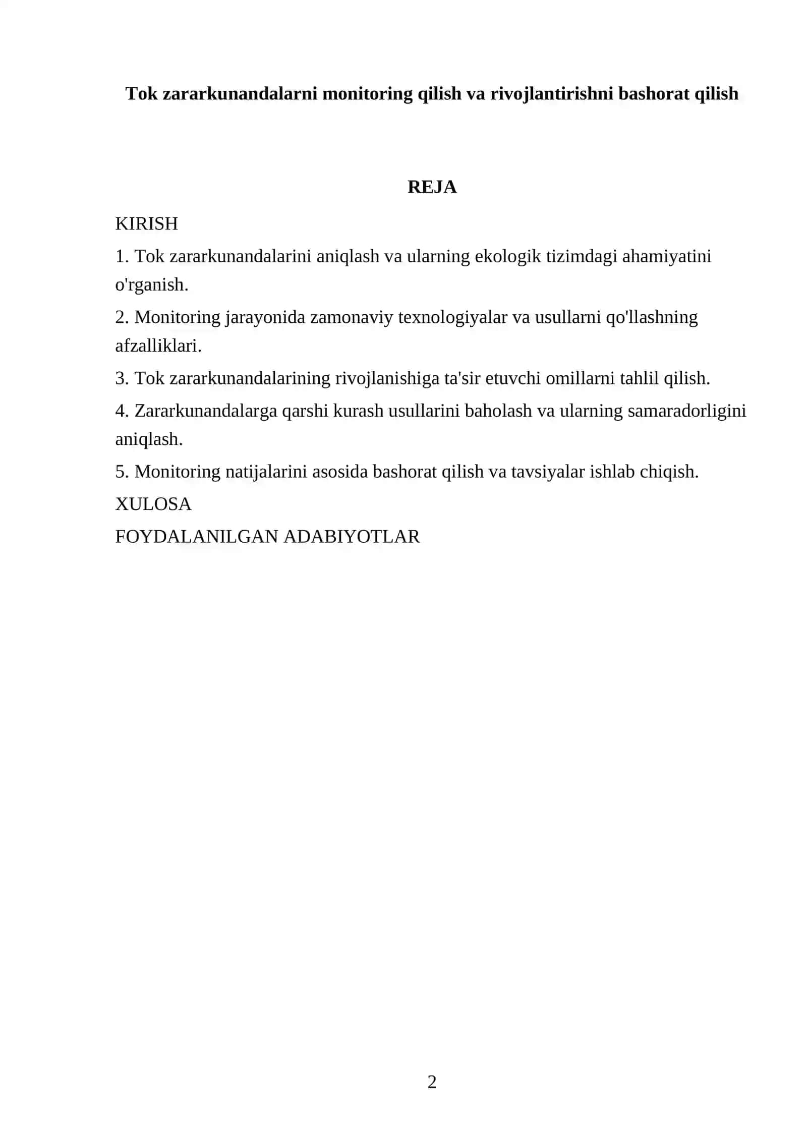 Tok zararkunandalarni monitoring qilish va rivojlantirishni bashorat qilish 2